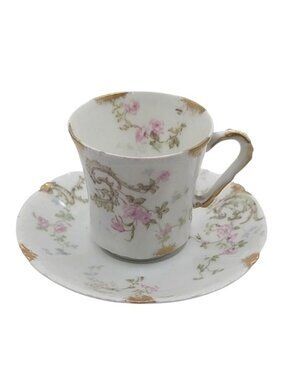 Theodore Haviland Limoges France Pink Floral Porcelain Demitasse Cup Saucer Set